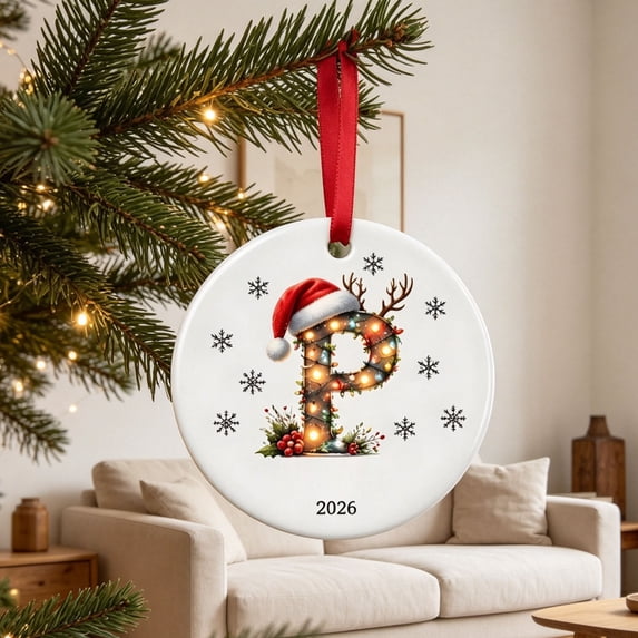 Fievgin Christmas Ornament 2026, Letter P Initial Decoration with Santa Hat for Tree & Gift