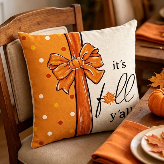 Fievgin Fall Pumpkin Bow Pillow Covers 18x18, Double-Sided Print It's Fall Y'all Cushion Cases for Thanksgiving Sofa Couch Bed