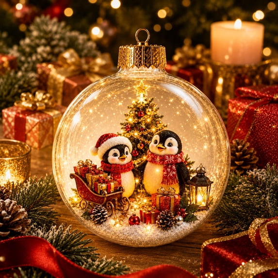 Fievgin Glowing Christmas Story Ornament, Light Up Mini Holiday Scene Transparent Globe with Warm LED for Tree Window Mantel