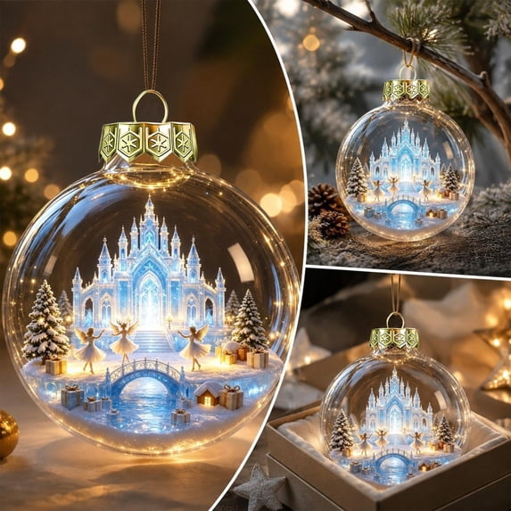 Fievgin Glowing Christmas Story Ornament, Light Up Mini Holiday Scene Transparent Globe with Warm LED for Tree Window Mantel