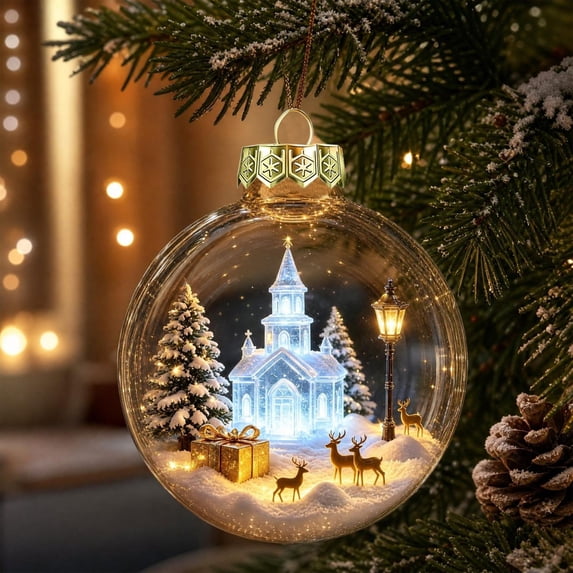 Fievgin Glowing Christmas Story Ornament, Light Up Mini Holiday Scene Transparent Globe with Warm LED for Tree Window Mantel