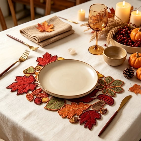 Fievgin Thanksgiving Placemats 11x17in Autumn Maple Leaves Cutwork Embroidered Placemats for Kitchen Dining Table Decoration