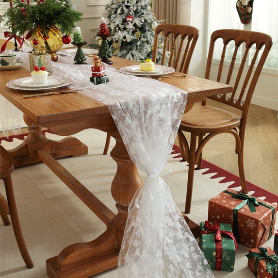 Fievgin White Christmas Gauze Table Runner 59x71in, Winter Foil Christmas Tree Holiday Dining Table Decor for Xmas Party