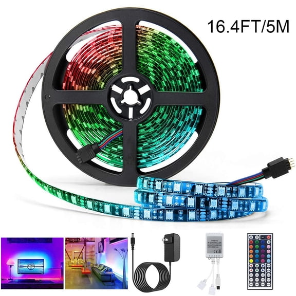 Fifet 16.4ft Led Strip Lights, RGB 5050 Flexible Strip Lights, Waterproof Color Changing Kit with 44 Keys IR Remote, 12V Power Supply for Living Room