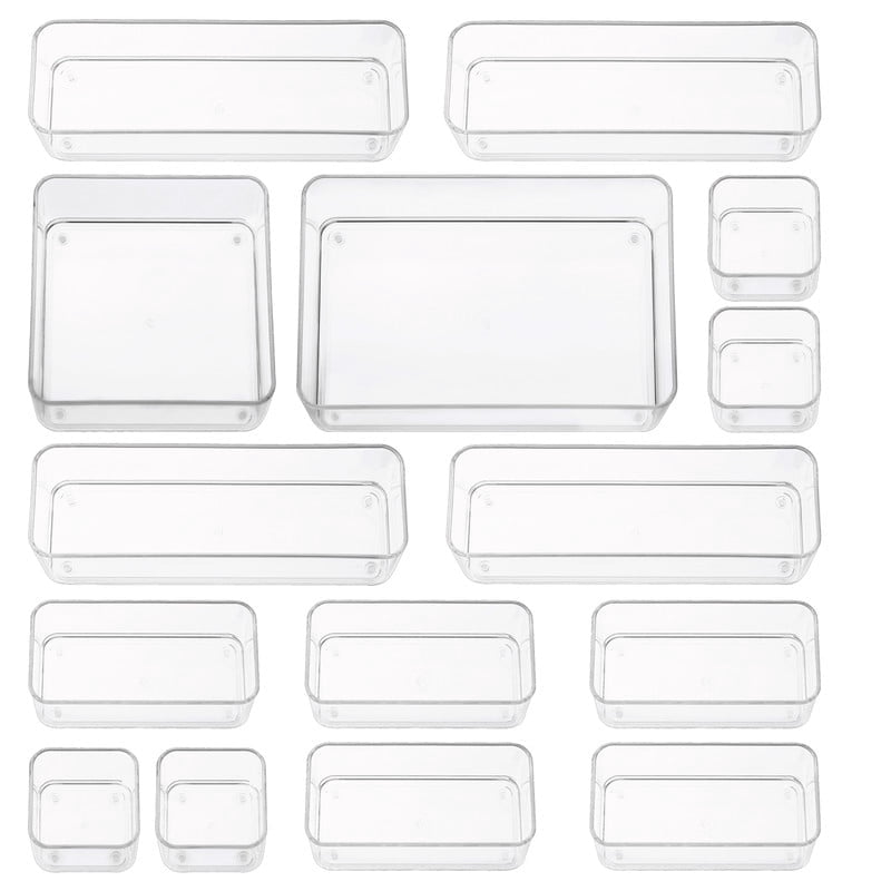 Fifteen Pieces. Plastic Clear Drawer Organizers. Bathroom, Kitchen, Bedroom, Utensils, Office Organizer Bins, Storage Trays. Heavy Duty, Stackable 5 Sizes.