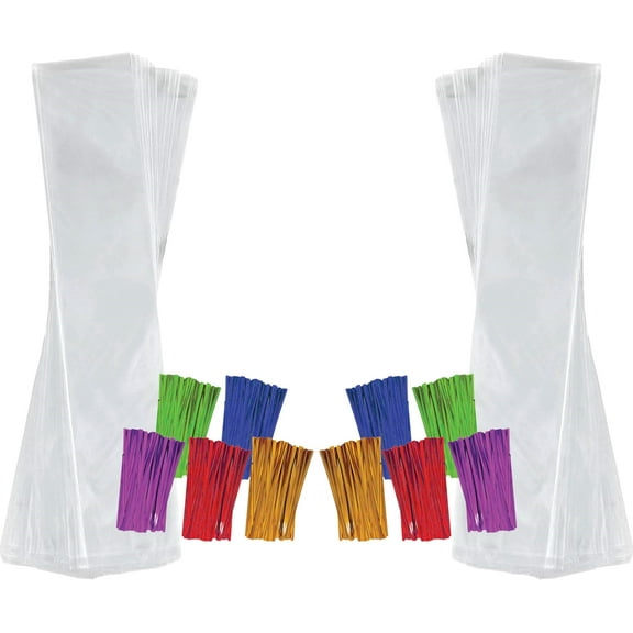 Fifth Ave Kraft Clear Plastic Cellophane Bags 2"x10" with 4" Colored Twist Ties (400 Count)