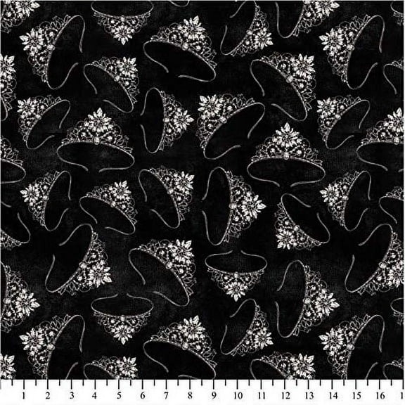 Fifth Avenue Glitter Tiaras on Black David Textiles Fabric by The Yard