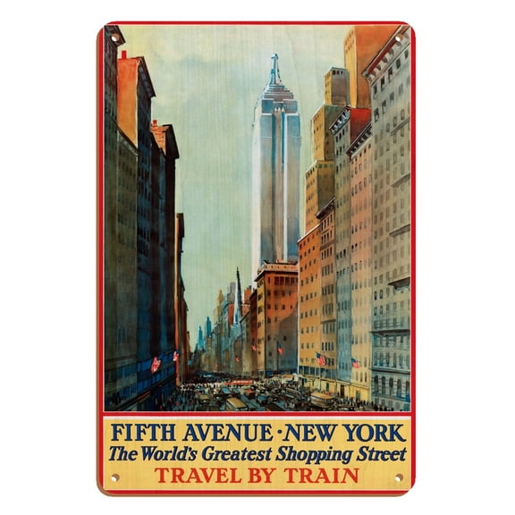 Fifth Avenue New York USA - The World's Greatest Shopping Street - Travel by Train - Vintage Railroad Travel Poster c.1932 - 8 x 12 inch Vintage Wood Art Sign