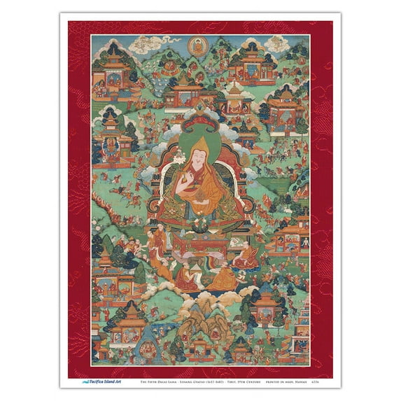 The Fifth Dalai Lama - Ngawang Losang Gyatso (1617-1682) - Vintage Tibetan Thangka Buddhist Painting - Tibet, 19th Century - Master Art Print (Unframed) 9in x 12in