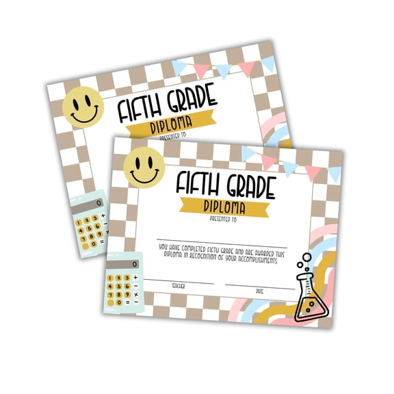 Fifth Grade Diploma Graduation Certificate 30pk 8.5x11 Tan Checkered Superlatives Class Awards Achievement Completion Recognition Teachers 5th