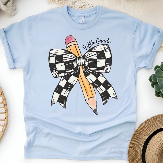 Fifth Grade Pencil and Bow T-Shirt | Back to School Graphic Tee for Girls, Light Blue, Size L