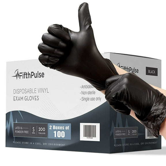 Fifth Pulse Vinyl Exam Latex Free Gloves - Black - 2 Boxes of 100 Gloves - 200 Total (Small)