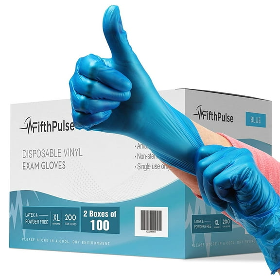 Fifth Pulse Vinyl Exam Latex Free Gloves - Blue - 2 Boxes of 100 Gloves - 200 Total (XL)