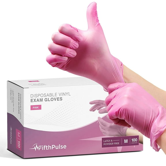 Fifth Pulse Vinyl Exam Latex Free Gloves - Pink - 2 Boxes of 100 Gloves - 200 Total (Medium)