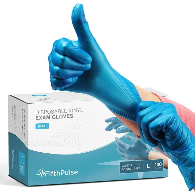 Fifth Pulse Vinyl Gloves, Multifunction Medical Grade Exam, Kitchen Gloves, All-Purpose Industrial Disposable Gloves Latex Free, Powder Free - Blue - Box of 100 Gloves (Large)