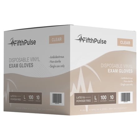 Fifth Pulse Vinyl Gloves, Multifunction Medical Grade Exam, Kitchen Gloves, All-Purpose Industrial Disposable Gloves Latex Free, Powder Free - Clear - 10 Boxes of 100 Gloves- 1000 Total (Large)