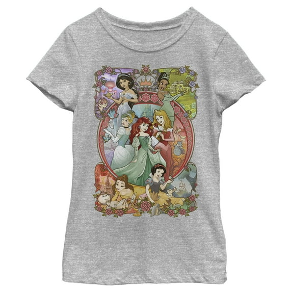 Girl's Disney Princesses Vintage Collage  Graphic Tee Athletic Heather Large