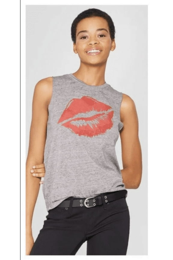 Women Lip's Kiss Print T-Shirt Cut Off Sleeveless - Heather Gray - (X-Large)