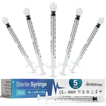 FifthPulse 1 ml Syringe without Needle - 5 Pack of Disposable Syringes - Medical, Scientific Lab, Home Use, Plant, and More - Sterile Luer Lock