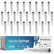FifthPulse 10 ml Syringe without Needle - 25 Pack of Disposable Syringes - Good for Medical, Scientific Lab, Home Use, and More - Sterile Luer Lock Syringes