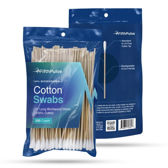 FifthPulse 100% Natural Eco-friendly 6" Cotton Swabs Sticks Made with Birch Wood - Non Sterile Cotton Tipped Applicator - 250-Pack