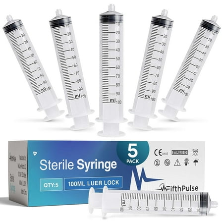 FifthPulse 100 ml Syringe without Needle - 5 Pack of Disposable Syringes - Medical, Scientific Lab, Home Use, and More - Sterile Luer Lock