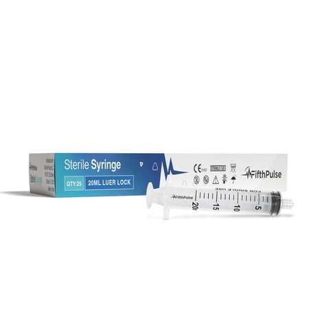 FifthPulse 20ml Syringe with Luer Lock (NO Needle) - Measurement Dispensing, Sterile, Individually Wrapped - 25-Pack