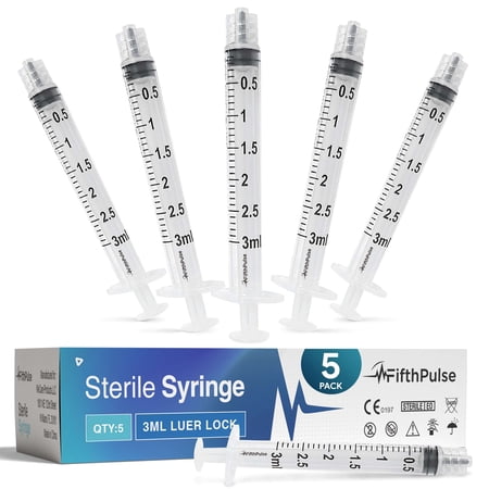 FifthPulse 3 ml Syringe without Needle - 5 Pack of Disposable Syringes - Medical, Scientific Lab, Home Use, and More - Sterile Luer Lock