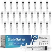 FifthPulse 5 ml Syringe without Needle - 25 Pack of Disposable Syringes - Medical, Scientific Lab, Home Use, and More - Sterile Luer Lock