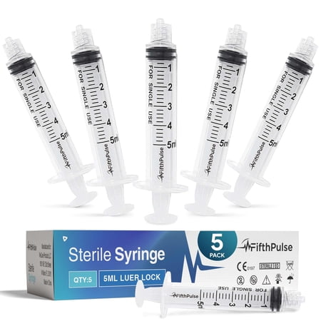 FifthPulse 5ml Syringe with Luer Lock (NO Needle) - Measurement Dispensing, Sterile, Individually Wrapped - 5-Pack
