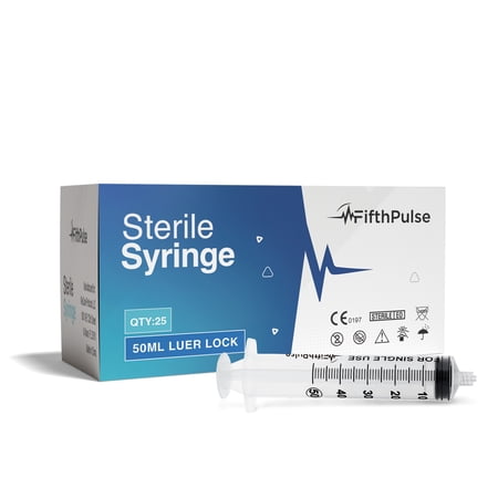 FifthPulse 50ml Syringe with Luer Lock (NO Needle) - Measurement Dispensing, Sterile, Individually Wrapped - 25-Pack