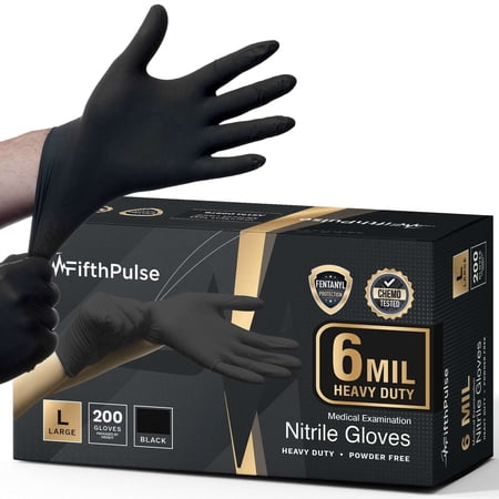 FifthPulse 6 Mil Black Nitrile Gloves [Large] Heavy Duty Mechanic and Food Grade Powder-Free, Latex-Free Medical Exam Gloves [200 ct.]