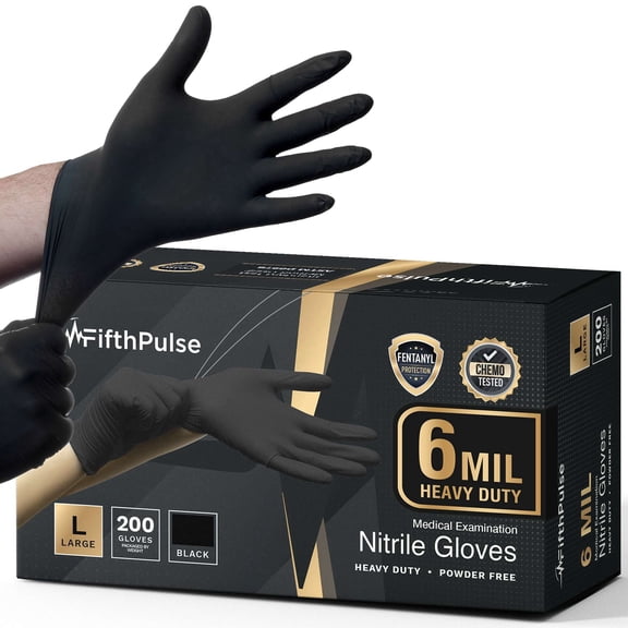 FifthPulse 6 Mil Black Nitrile Gloves [Large] Heavy Duty Mechanic and Food Grade Powder-Free, Latex-Free Medical Exam Gloves [200 ct.]