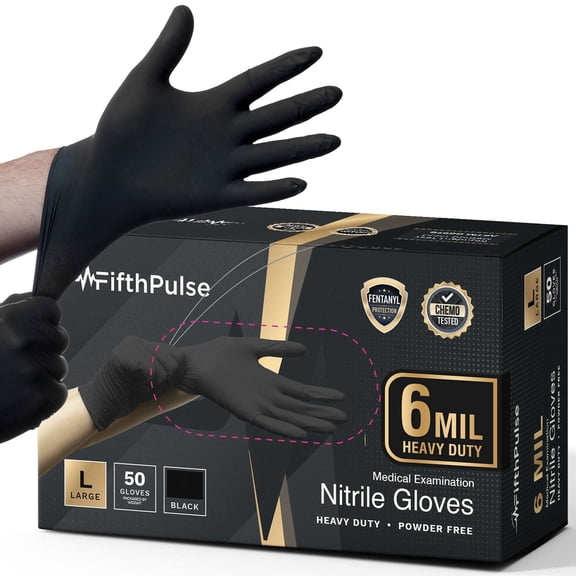 FifthPulse 6 Mil Black Nitrile Gloves [Large] Heavy Duty Mechanic and Food Grade Powder-Free, Latex-Free Medical Exam Gloves [50 ct.]