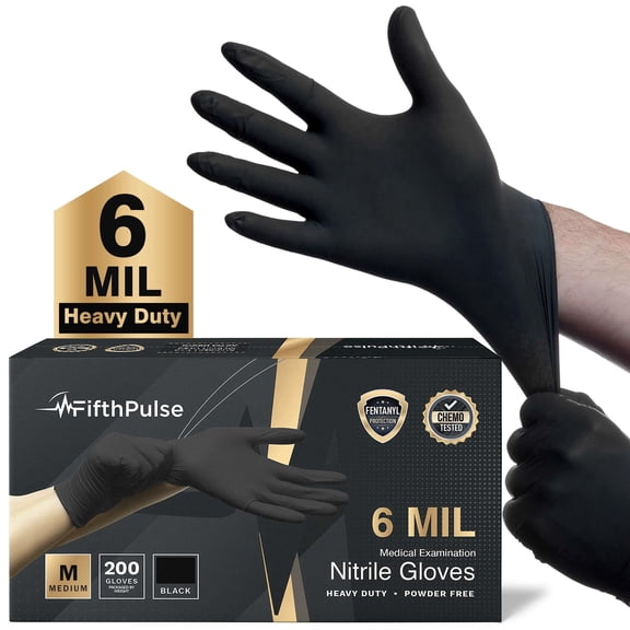FifthPulse 6 Mil Black Nitrile Gloves [Medium] Heavy Duty Mechanic and Food Grade Powder-Free, Latex-Free Medical Exam Gloves [200 ct.]