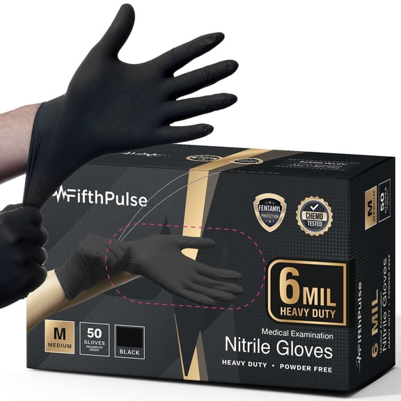 FifthPulse 6 Mil Black Nitrile Gloves [Medium] Heavy Duty Mechanic and Food Grade Powder-Free, Latex-Free Medical Exam Gloves [50 ct.]