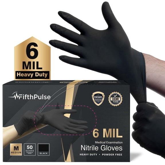 FifthPulse 6 Mil Black Nitrile Gloves [Medium] Heavy Duty Mechanic and Food Grade Powder-Free, Latex-Free Medical Exam Gloves [50 ct.]