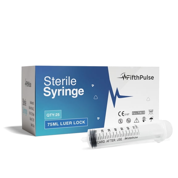 FifthPulse 75ml Syringe with Luer Lock (NO Needle) - Measurement Dispensing, Sterile, Individually Wrapped - 25-Pack