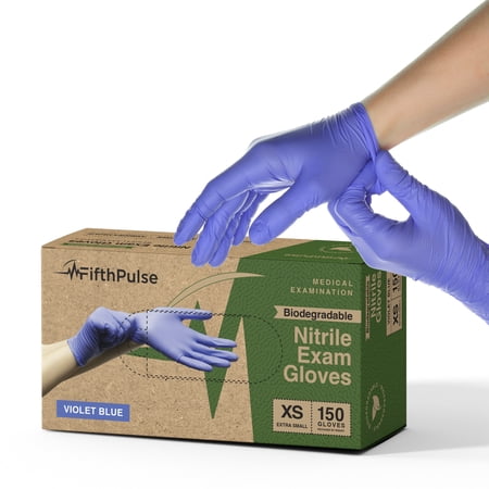 FifthPulse Biodegradable Disposable Nitrile Gloves, 3 Mil Medical Exam Gloves - XS - 150 Count - Violet Blue