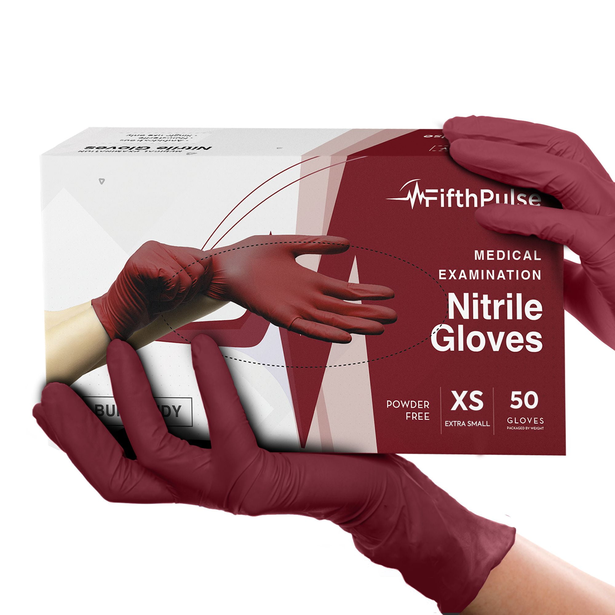 FifthPulse Burgundy Nitrile Disposable Gloves 50 XSPowder and Latex