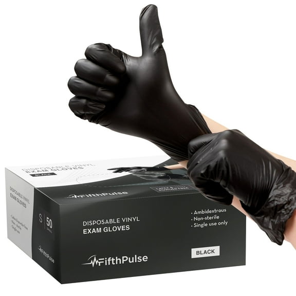 FifthPulse Disposable Vinyl Exam Gloves - Black - Box of 50 - S