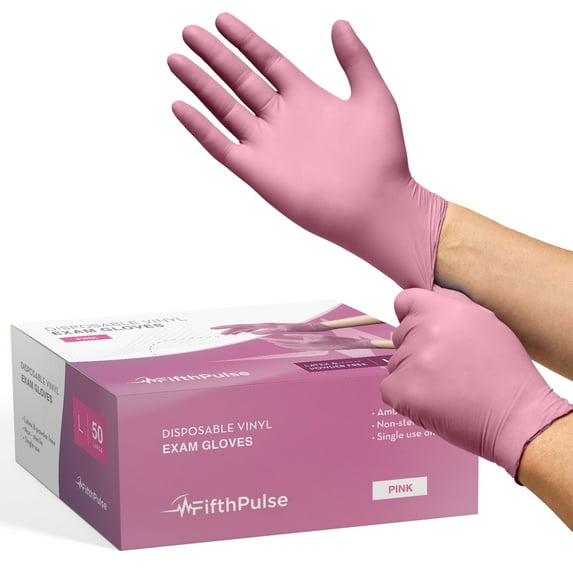 FifthPulse Disposable Vinyl Exam Gloves - Pink - Box of 50 - L