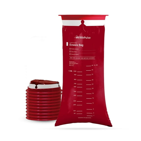 FifthPulse Emesis Bags - Disposable Medical Grade, Leak Resistant, Portable and Individually Wrapped (1000ml) - 10-Pack - Burgundy