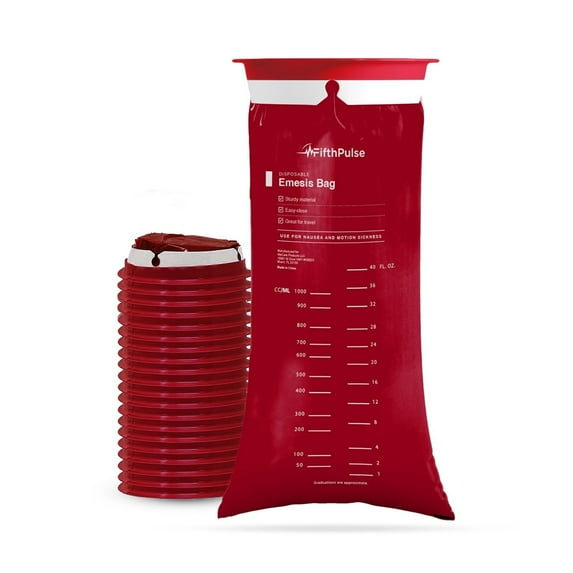 FifthPulse Emesis Bags - Disposable Medical Grade, Leak Resistant, Portable and Individually Wrapped (1000ml) - 20-Pack - Burgundy