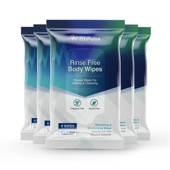 FifthPulse Large Adult Bathing Wipes - Disposable Body Cleansing Wipes for Men, Women & Elderly - No Rinse Shower Bath Wipes - 5-Pack / 8 Count (40 Wipes Total)