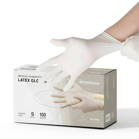 FifthPulse Medical Examination Latex Gloves - Extra Thick 4.5 Mil, Powder Free Disposable Gloves - 100 Count - Small - Natural
