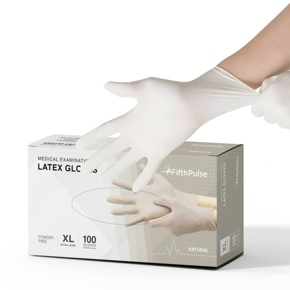 FifthPulse Medical Examination Latex Gloves - Extra Thick 4.5 Mil, Powder Free Disposable Gloves - 100 Count - XL - Natural
