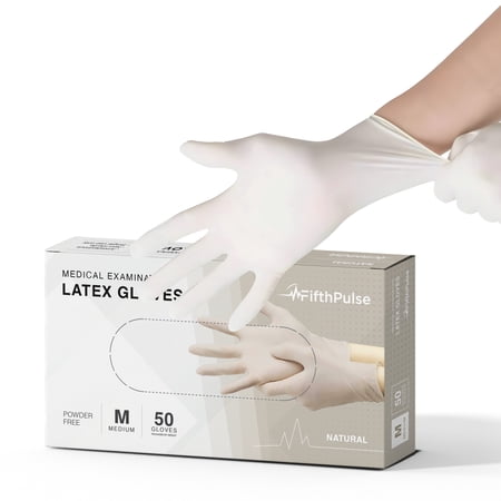FifthPulse Medical Examination Latex Gloves - Extra Thick 4.5 Mil, Powder Free Disposable Gloves - 50 Count - Medium - Natural