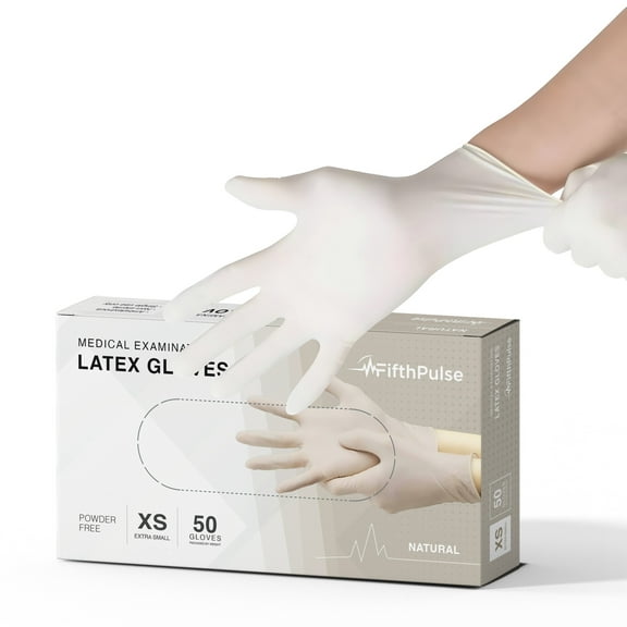 FifthPulse Medical Examination Latex Gloves - Extra Thick 4.5 Mil, Powder Free Disposable Gloves - 50 Count - XS - Natural