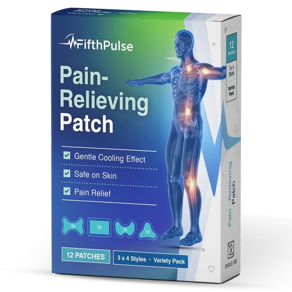 FifthPulse Pain Relieving Patch with Menthol - 12 Pack - Pain Patch - Sore Muscles, Joints, Knee, Back
